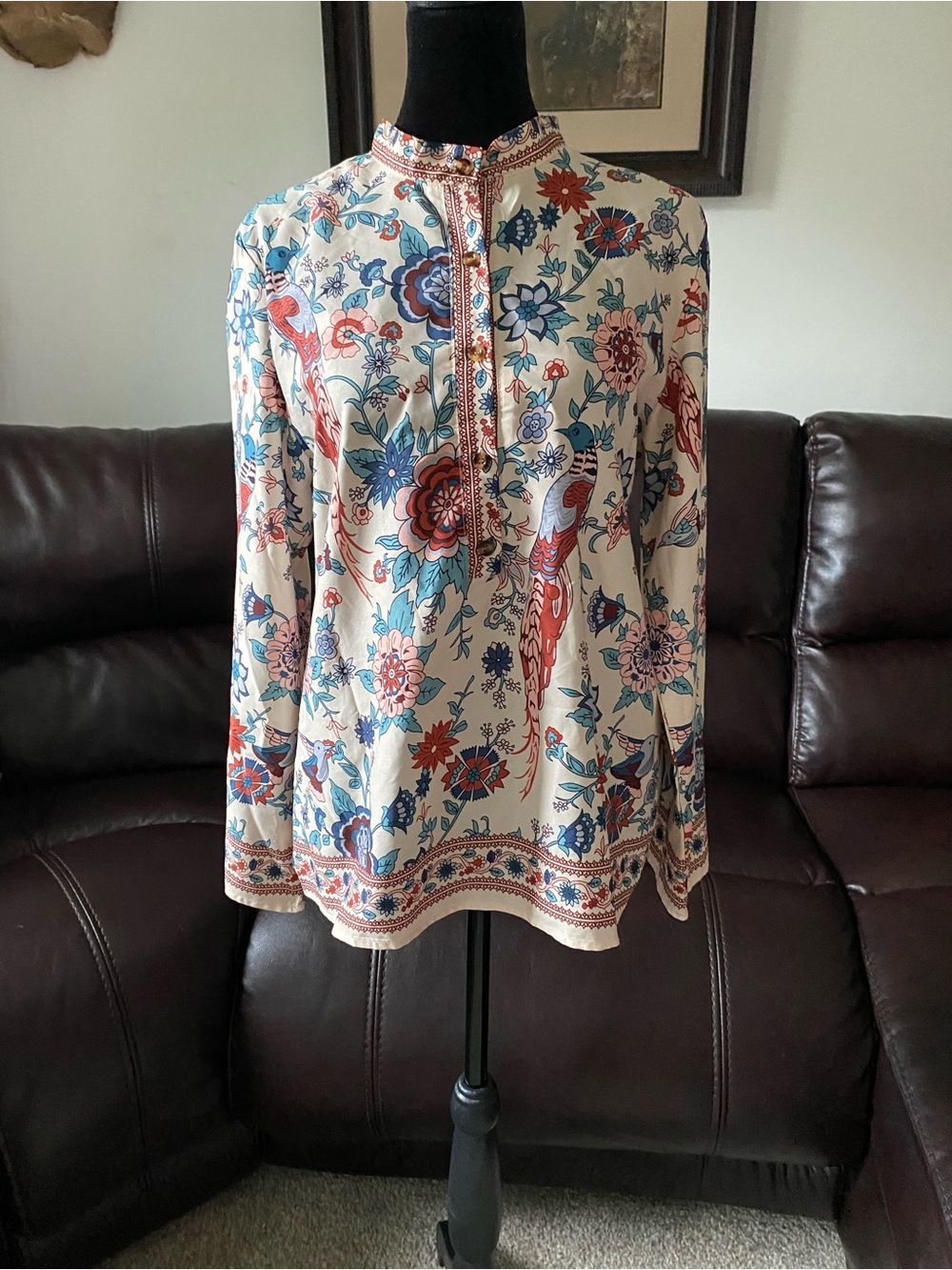 Bohemian Tunic Peacock Botanical Floral Long Sleeve Button Up Women’s Small
